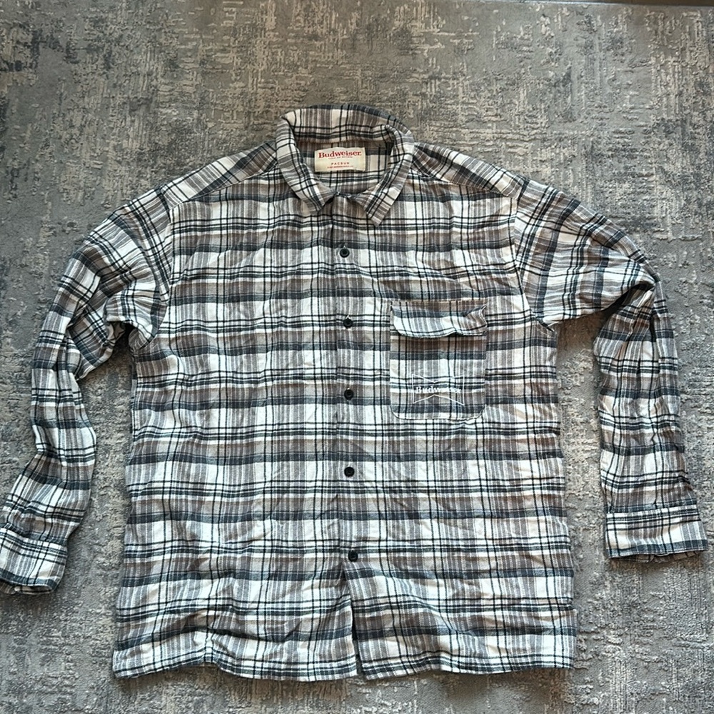 PacSun, Budweiser flannel. Brand new never been worn. White dark blue and grey.